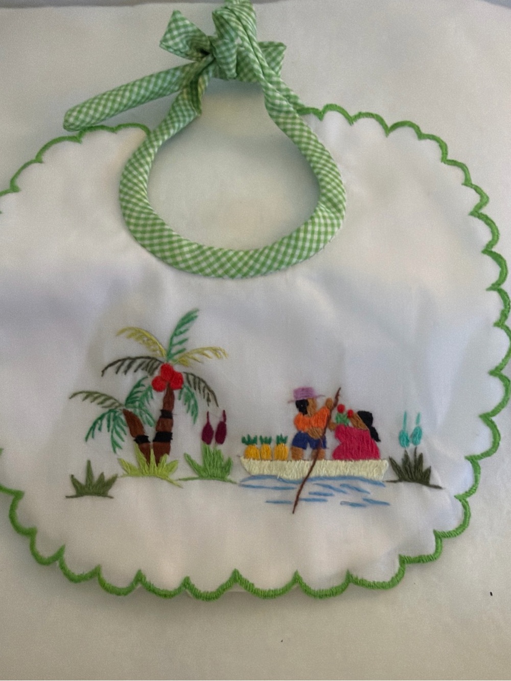 Embroidered Scalloped Edge Tropical Scene Baby Bib
